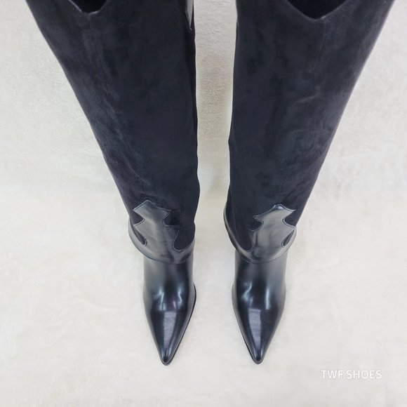 Branded Black Skirted Fold Over Western Knee High Cowgirl Boots - Picture 7 of 8
